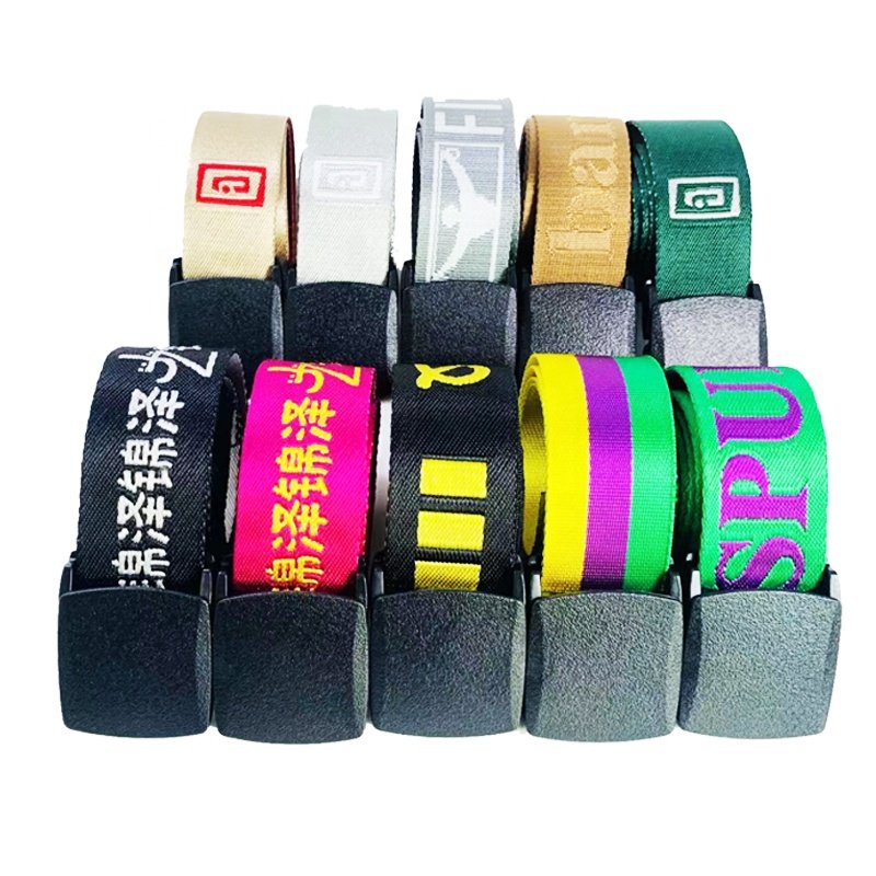 Custom High Quality New Jacquard Letter Nylon Fabric Belts Unisex Fashion Designer Canvas Webbing Belt With Plastic Buckle