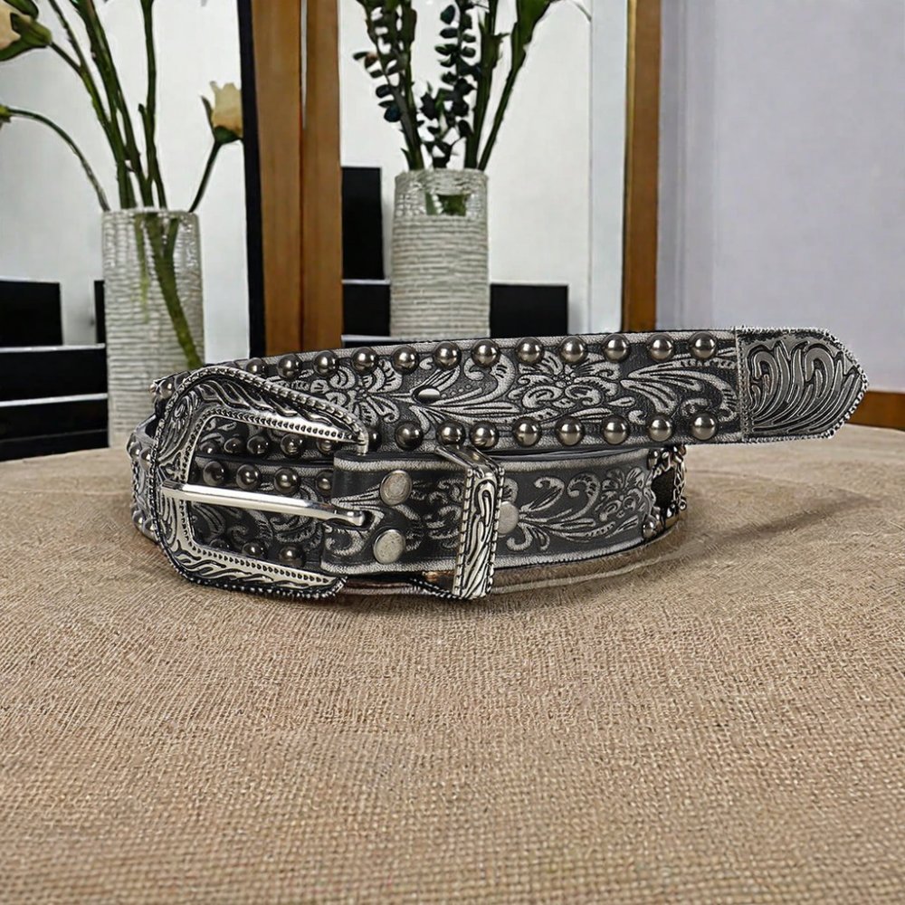 New arrive Spice Girl's Y2K Vintage PU Belt Embossed Black Belt with Riveted Pin Buckle for women Female Personality