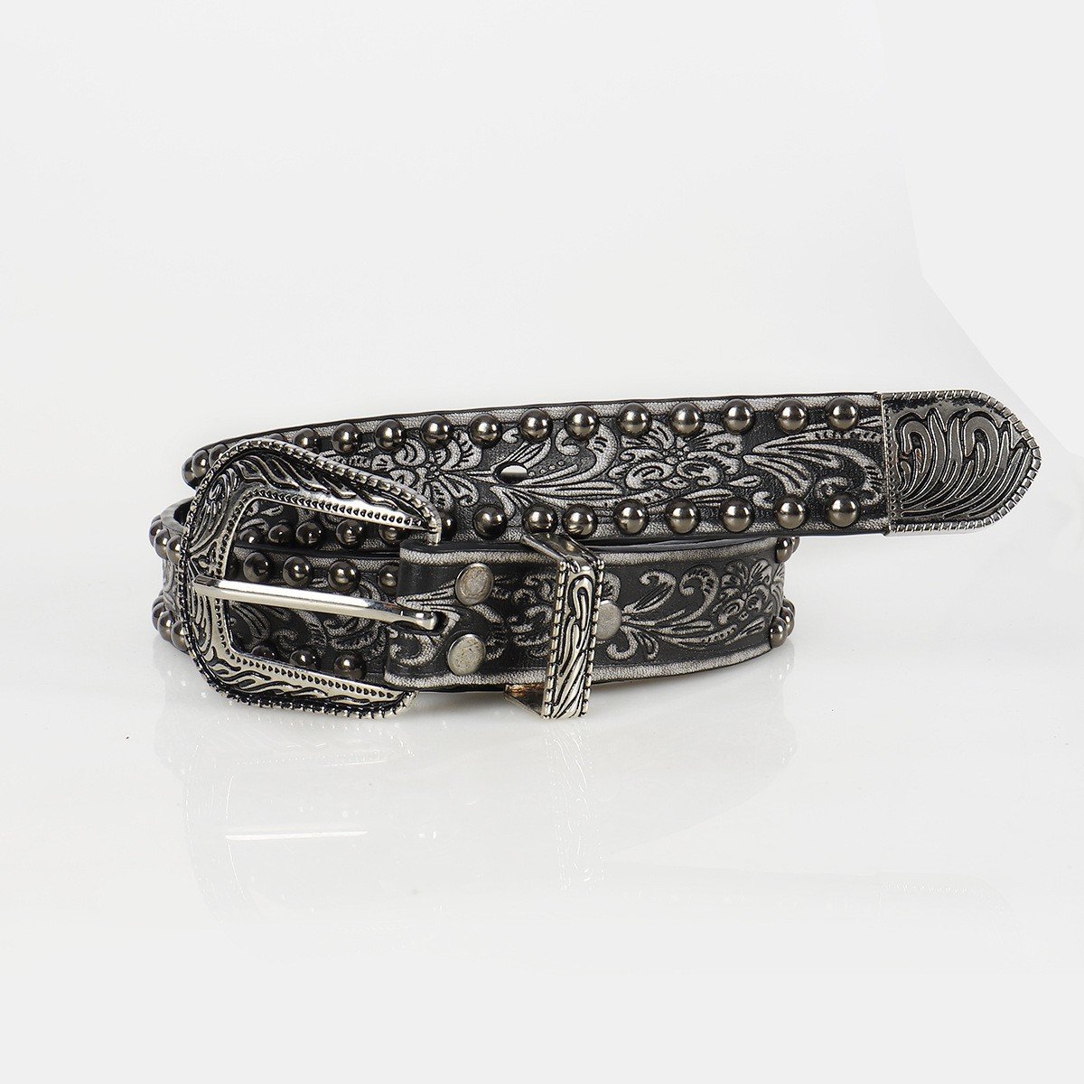 New arrive Spice Girl's Y2K Vintage PU Belt Embossed Black Belt with Riveted Pin Buckle for women Female Personality