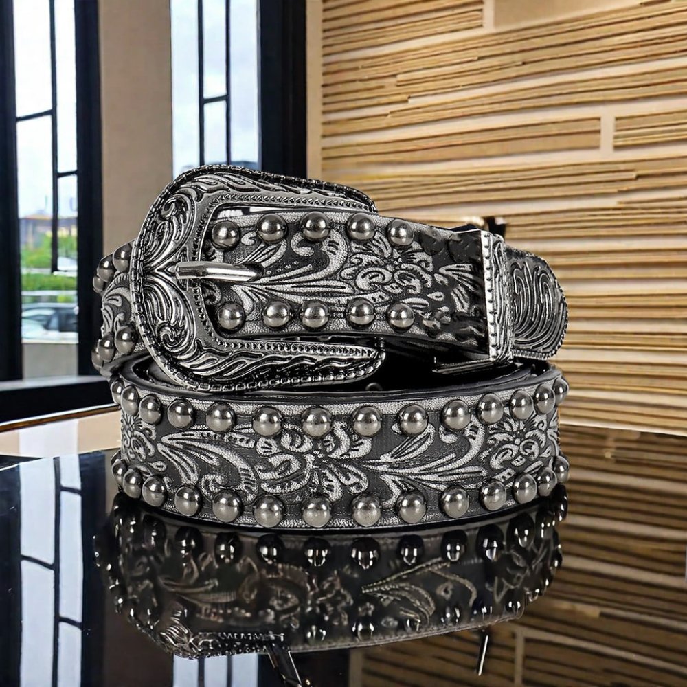 New arrive Spice Girl's Y2K Vintage PU Belt Embossed Black Belt with Riveted Pin Buckle for women Female Personality