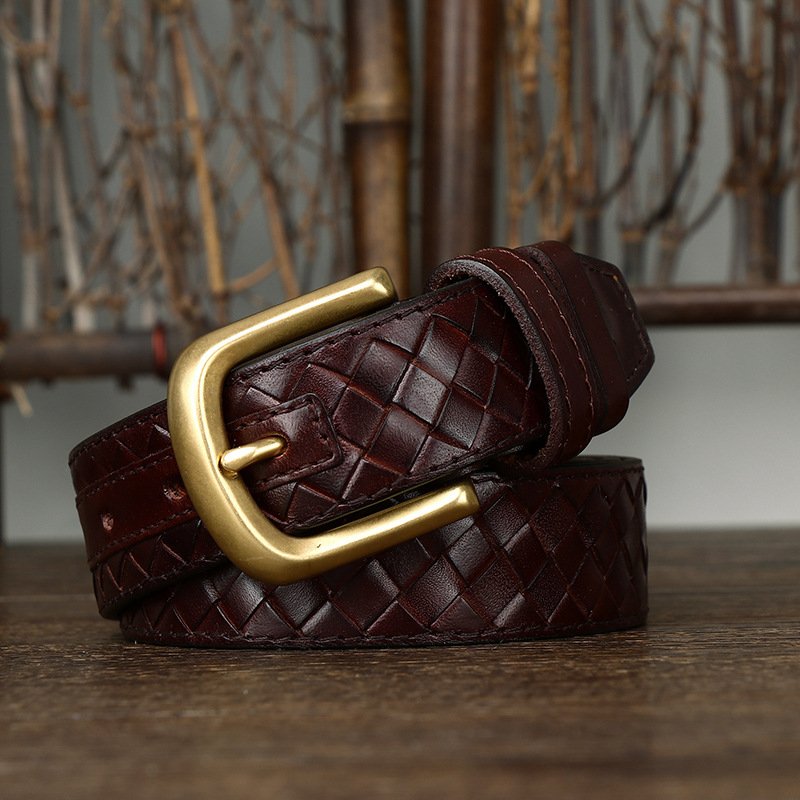genuine leather belt factory brass buckle custom designer belts woven cowhide leather classical belts for man