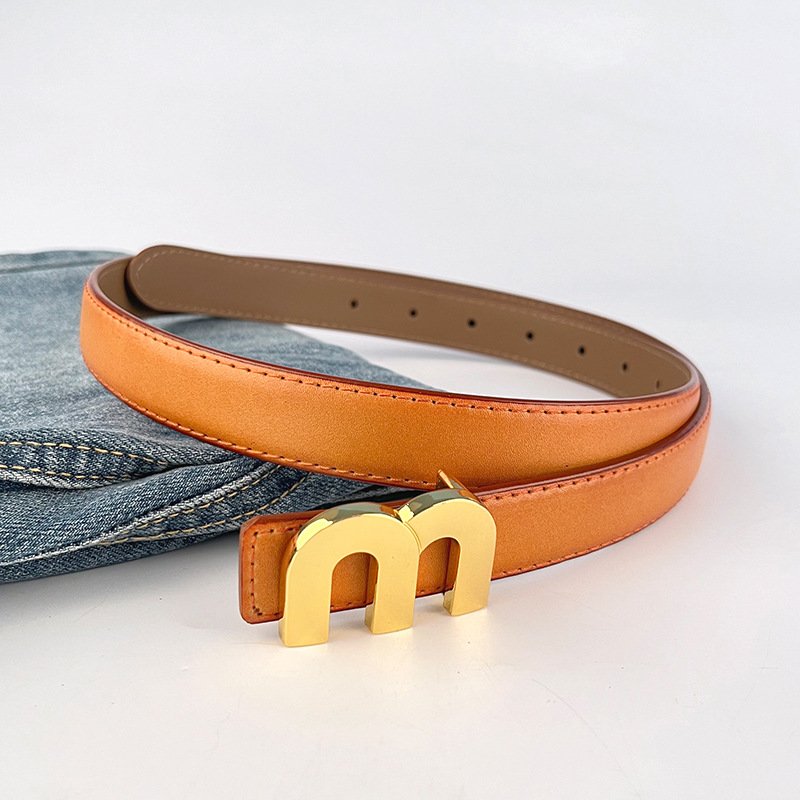 Luxury Brand Letter M Letter Full Leather Belt Gold Buckle Designer Genuine Leather Waist Belt Decorative Jeans For Women