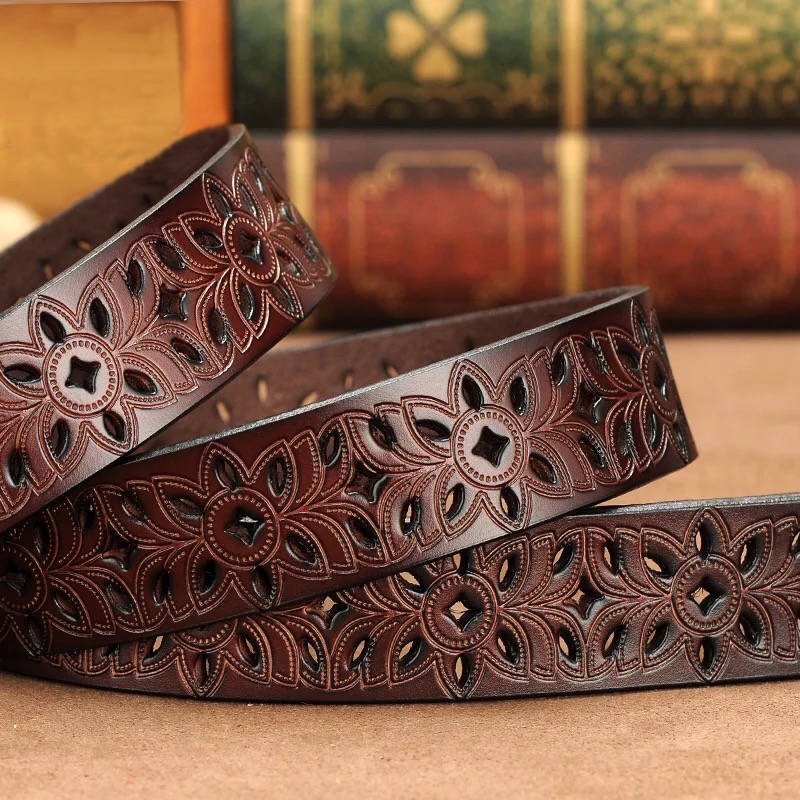 Genuine Leather Belts For Women Vintage Hollow Flower Waist Belts with Solid Pin Buckle