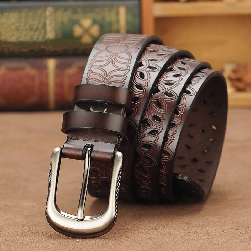 Genuine Leather Belts For Women Vintage Hollow Flower Waist Belts with Solid Pin Buckle