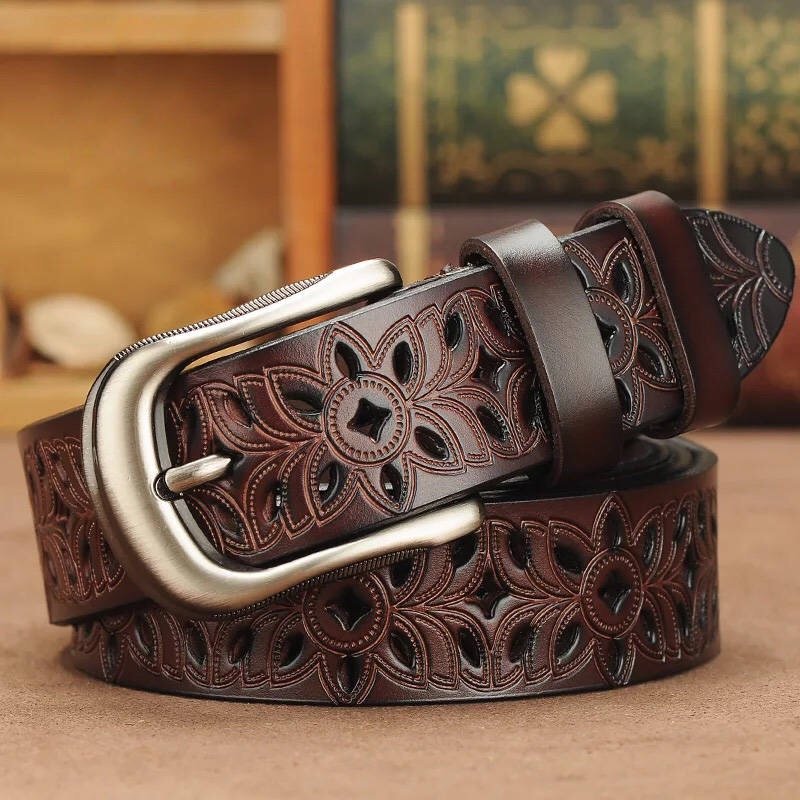 Genuine Leather Belts For Women Vintage Hollow Flower Waist Belts with Solid Pin Buckle