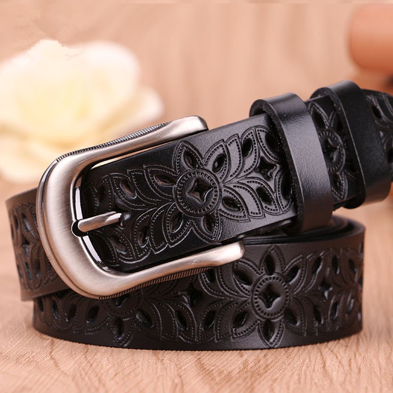Genuine Leather Belts For Women Vintage Hollow Flower Waist Belts with Solid Pin Buckle