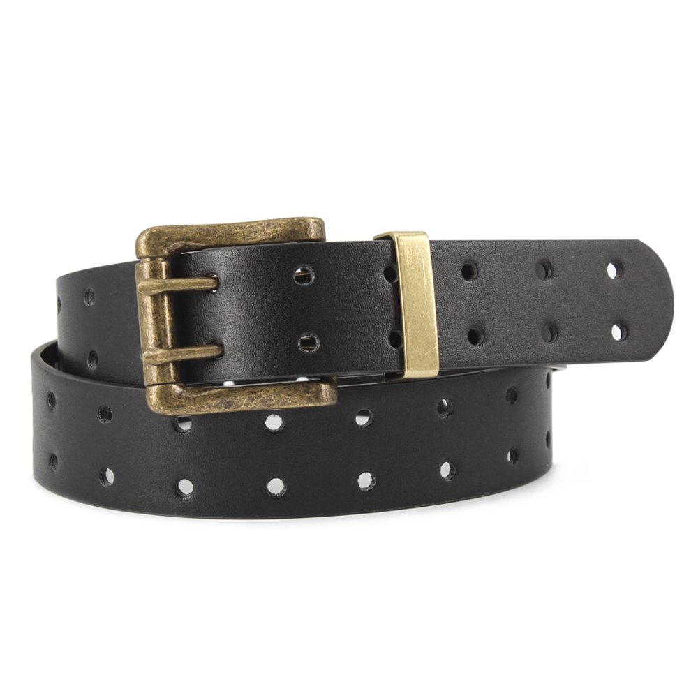 High quality black fake leather with double prong antique buckle & metal loop two rows of round holes belt for man