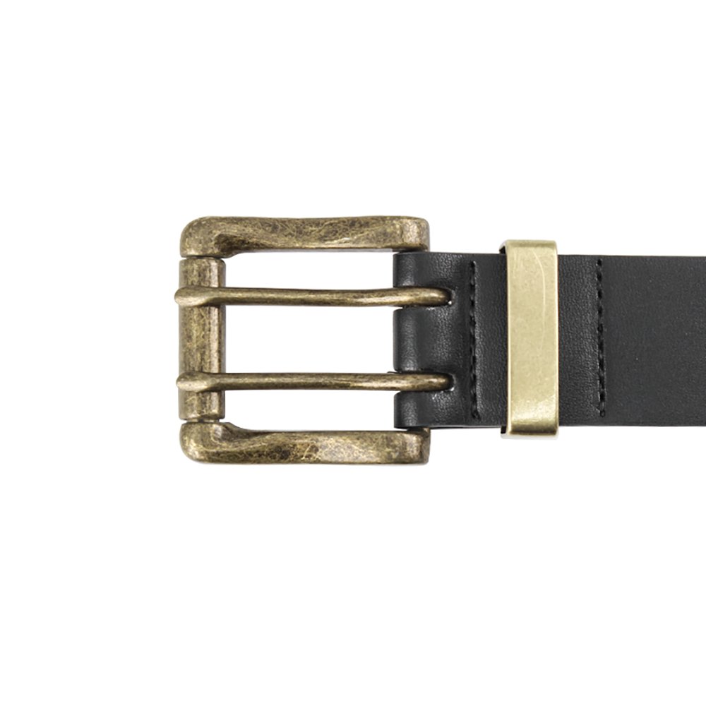 High quality black fake leather with double prong antique buckle & metal loop two rows of round holes belt for man