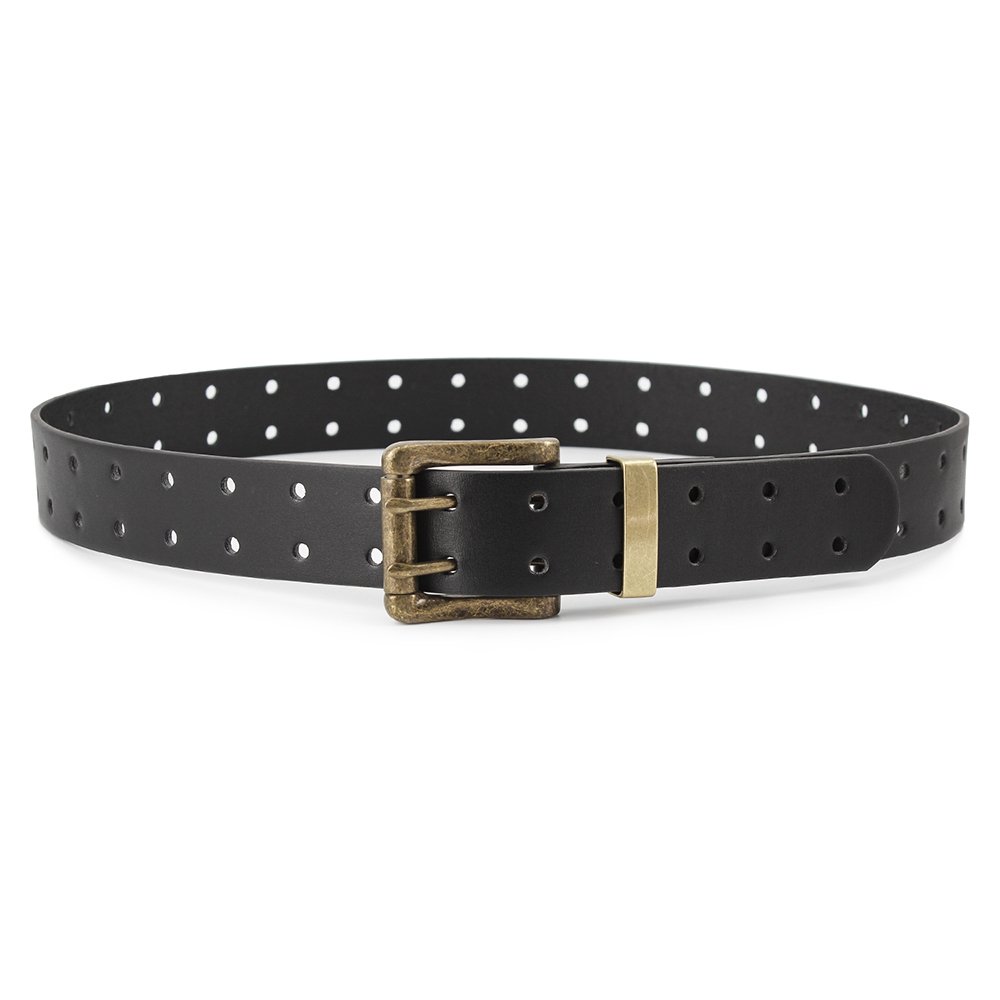 High quality black fake leather with double prong antique buckle & metal loop two rows of round holes belt for man