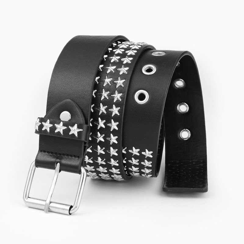 Three Rows of Pentastar Stars Hollowed out Unisex Punk Y2K Style Belt with Casual Fashionable Pin Buckle Riveted PU Material