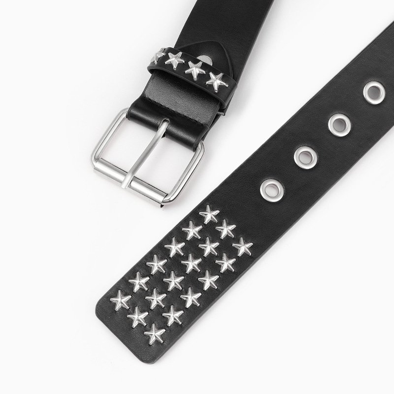 Three Rows of Pentastar Stars Hollowed out Unisex Punk Y2K Style Belt with Casual Fashionable Pin Buckle Riveted PU Material