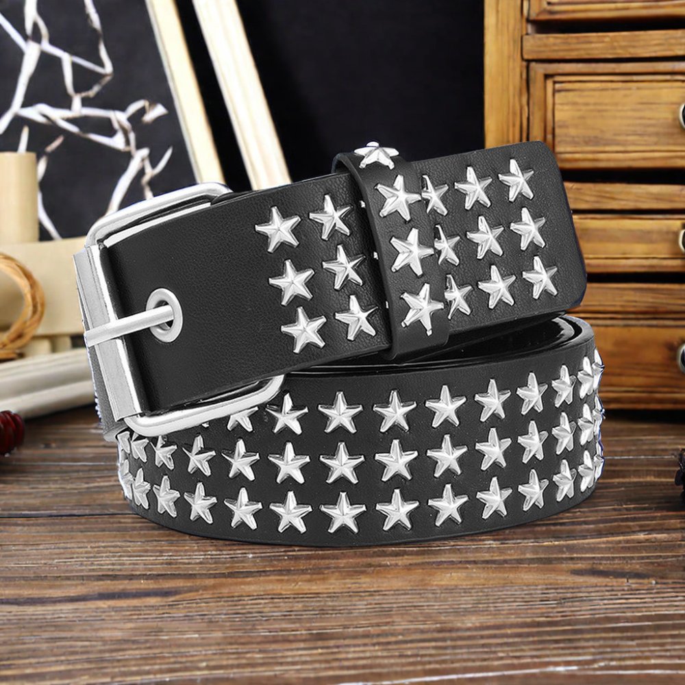 Three Rows of Pentastar Stars Hollowed out Unisex Punk Y2K Style Belt with Casual Fashionable Pin Buckle Riveted PU Material