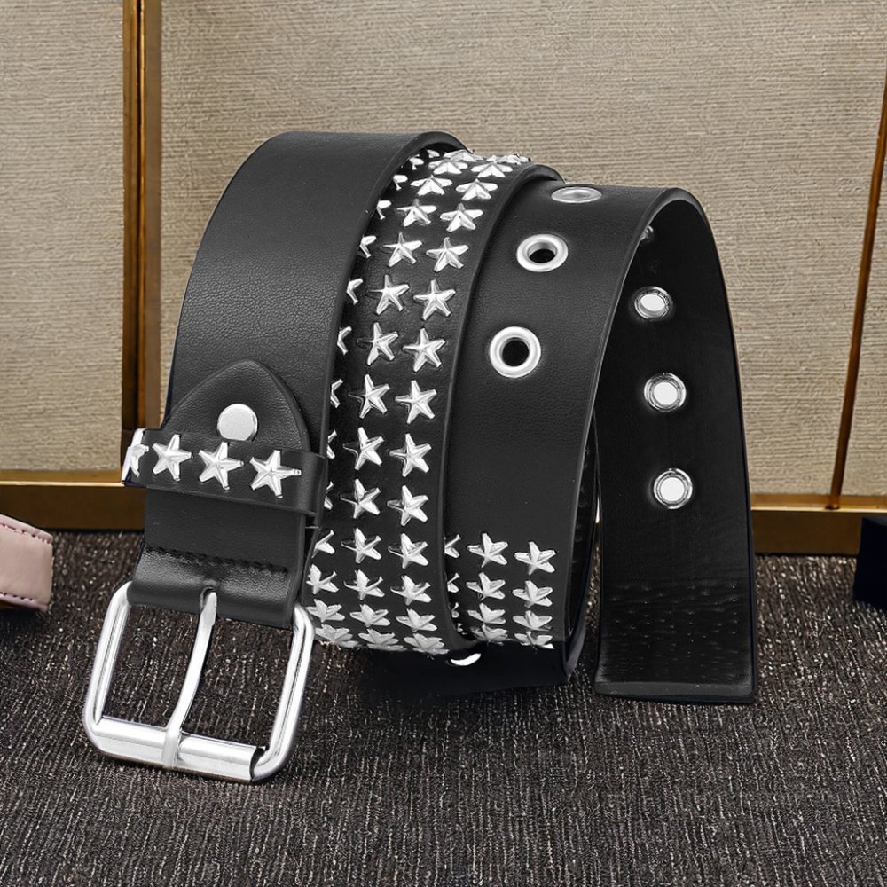 Three Rows of Pentastar Stars Hollowed out Unisex Punk Y2K Style Belt with Casual Fashionable Pin Buckle Riveted PU Material