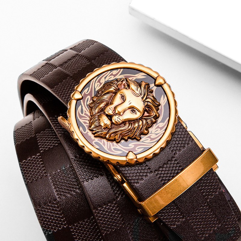 Lion buckle Top-layer leather belt for men Automatic buckle belt cowhide Luxury antique men's leather belt