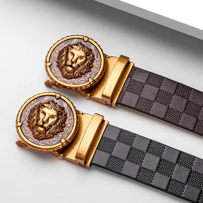 Lion buckle Top-layer leather belt for men Automatic buckle belt cowhide Luxury antique men's leather belt