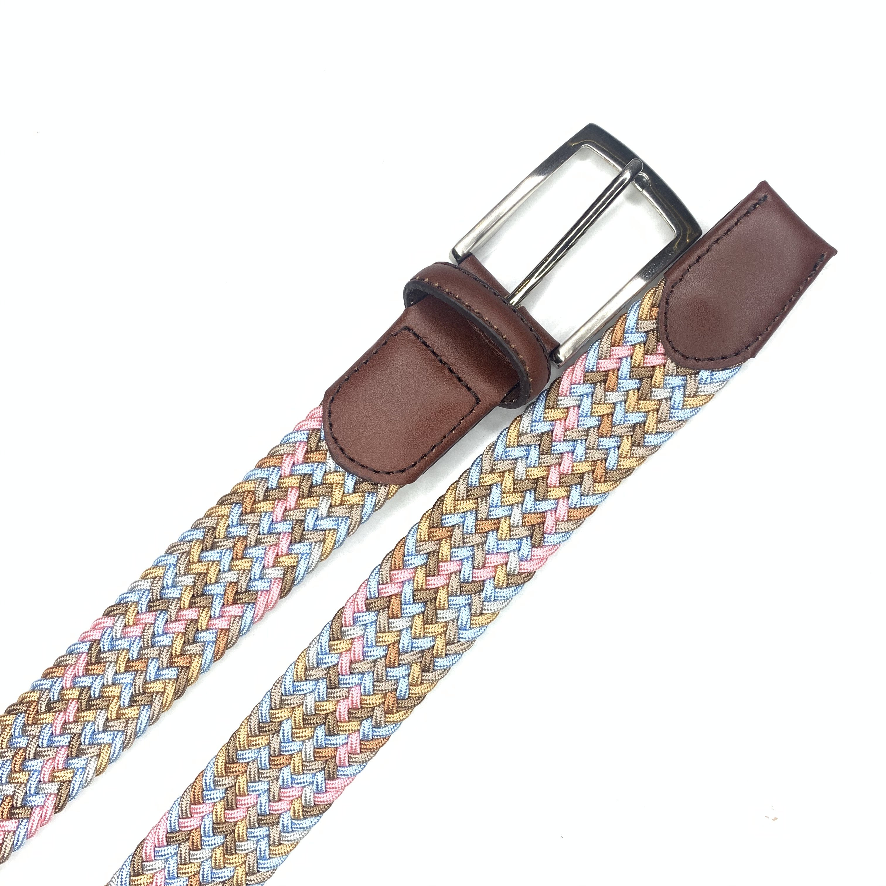 Women's Braided Elastic Stretch Belt Leather Tipped End and Metal Buckle