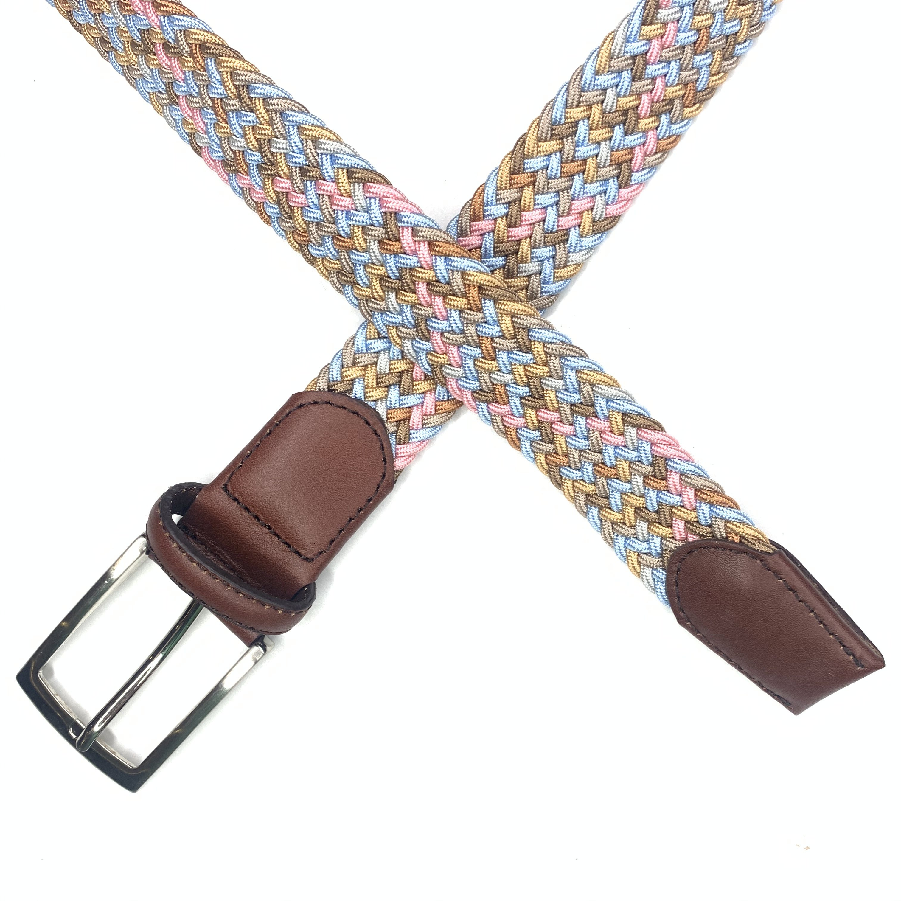 Women's Braided Elastic Stretch Belt Leather Tipped End and Metal Buckle