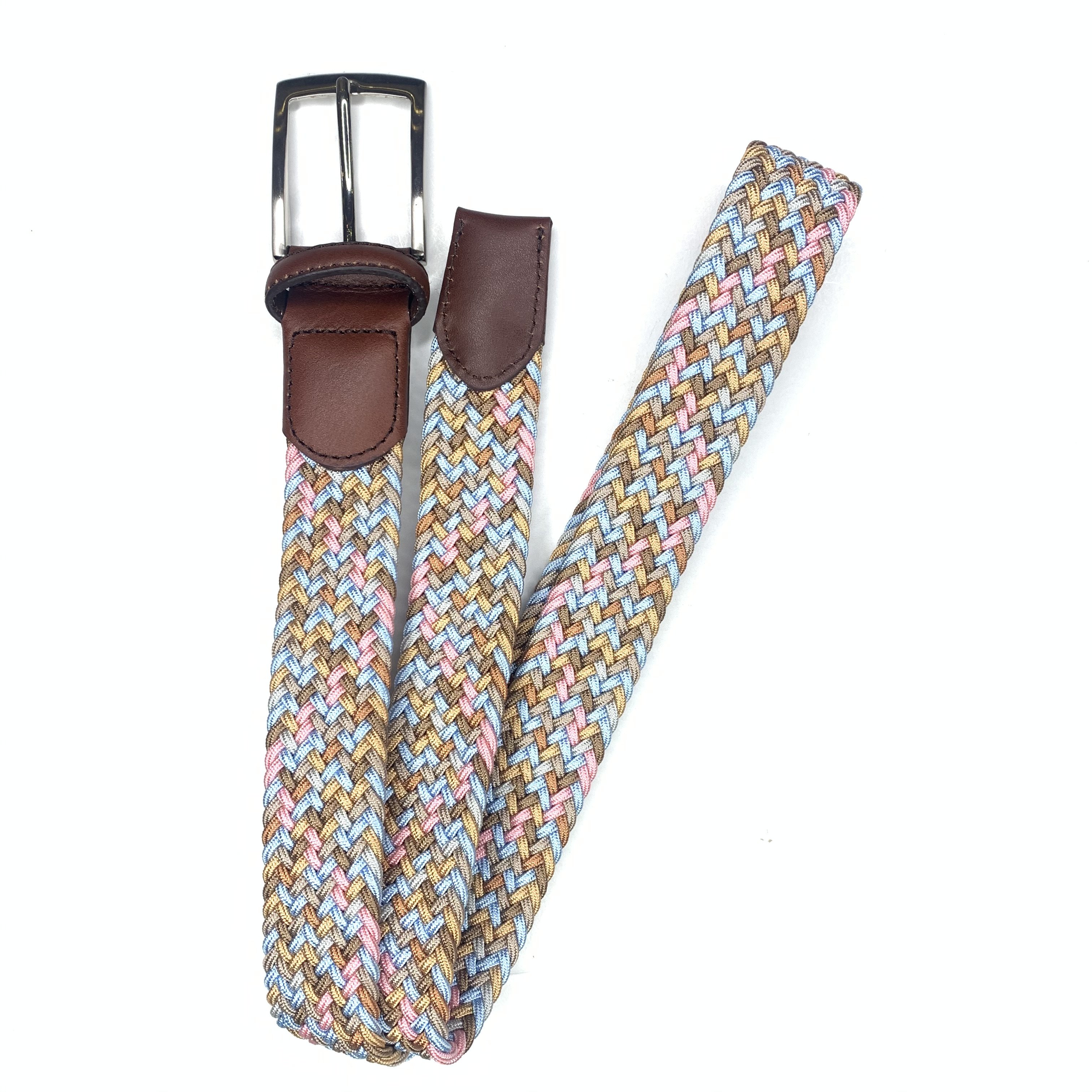 Women's Braided Elastic Stretch Belt Leather Tipped End and Metal Buckle