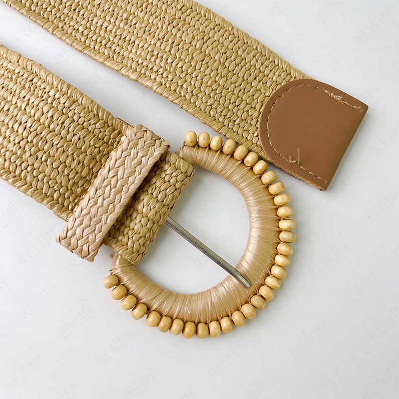 Rewin Summer Beach Dress Straw Skinny Belts With Half Round Pin Buckle Straw Elastic Woven Stretch Waist Belts for Women Girl