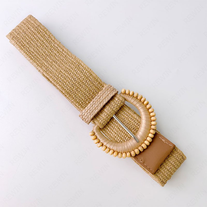 Rewin Summer Beach Dress Straw Skinny Belts With Half Round Pin Buckle Straw Elastic Woven Stretch Waist Belts for Women Girl
