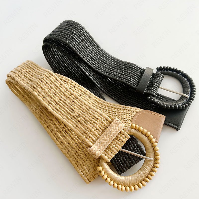 Rewin Summer Beach Dress Straw Skinny Belts With Half Round Pin Buckle Straw Elastic Woven Stretch Waist Belts for Women Girl