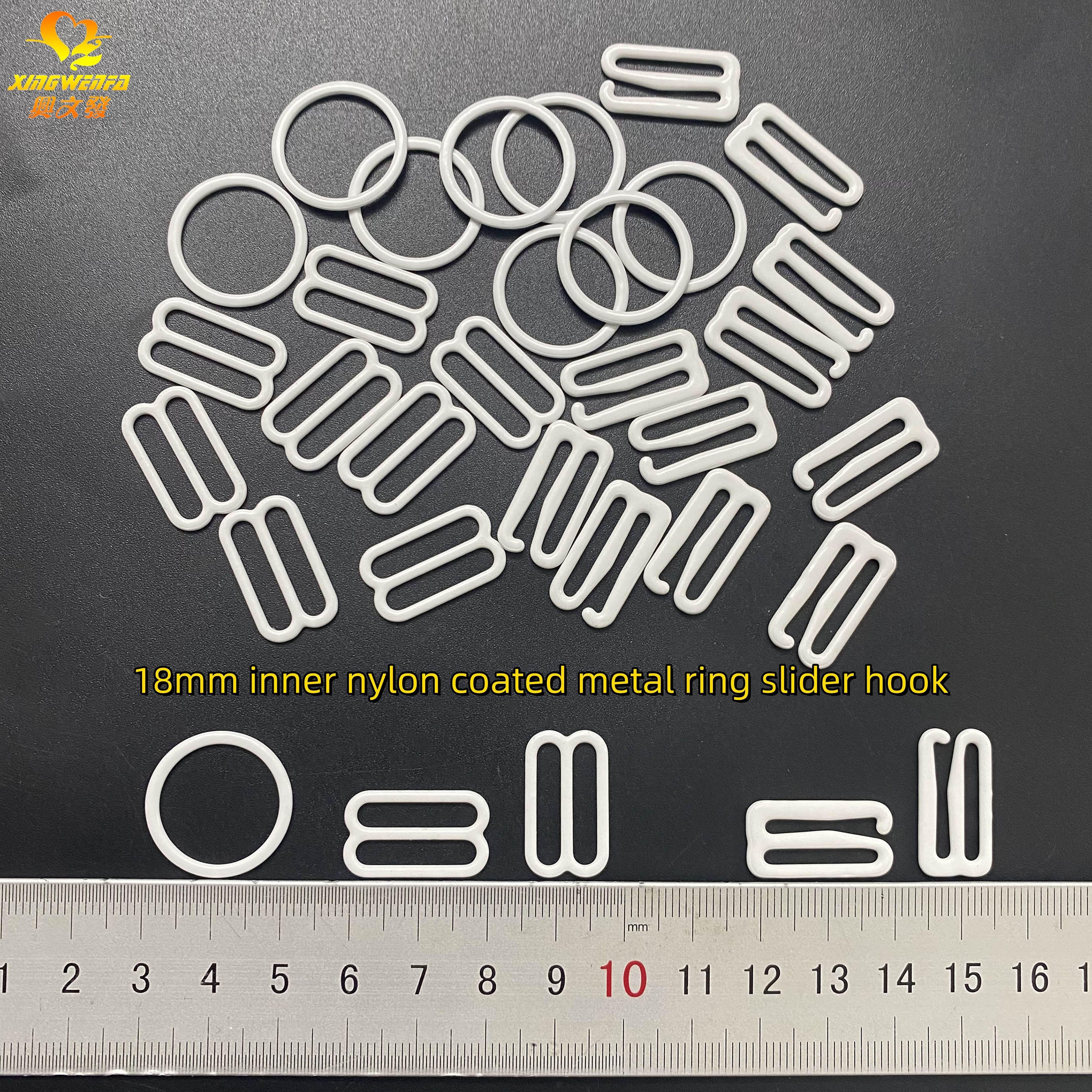 Eco friendly 18mm Bra metal buckle OEKO 100 white dyable quality nylon coated metal bra rings sliders and hooks