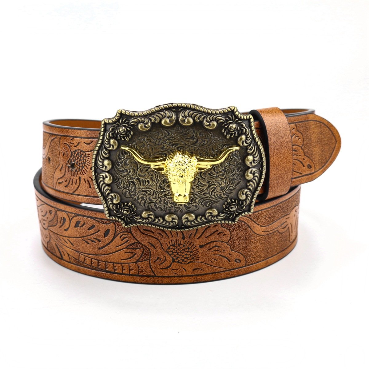 West Cowboy Young Men's Retro Punk Western Style PU Leather Belt Buckle with Cow Head Buckle Denim Inspired Made of PU leather