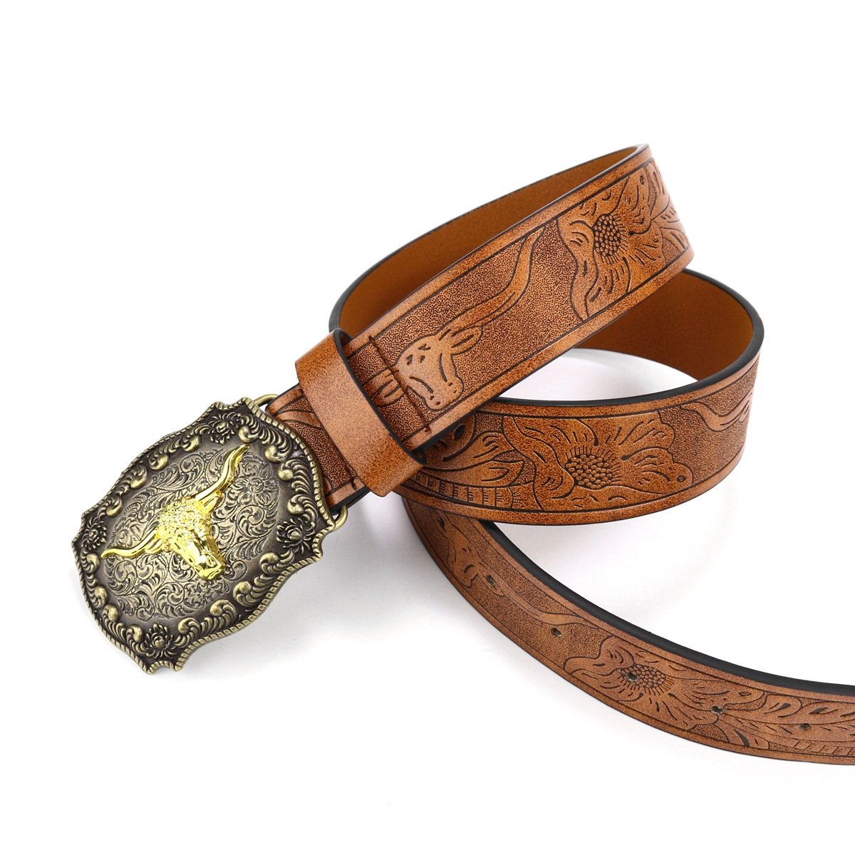 West Cowboy Young Men's Retro Punk Western Style PU Leather Belt Buckle with Cow Head Buckle Denim Inspired Made of PU leather