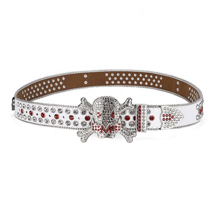 Womens Retro bling bling BB belt studded diamond PU leather strap skull buckle western cowboy rhinestone belt for men Popular