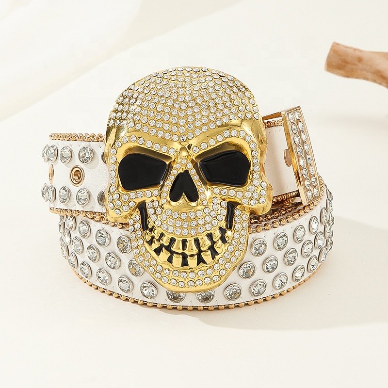 Womens Retro bling bling BB belt studded diamond PU leather strap skull buckle western cowboy rhinestone belt for men Popular
