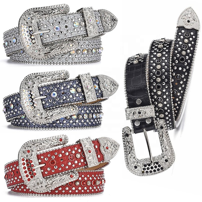 Womens Retro bling bling BB belt studded diamond PU leather strap skull buckle western cowboy rhinestone belt for men Popular