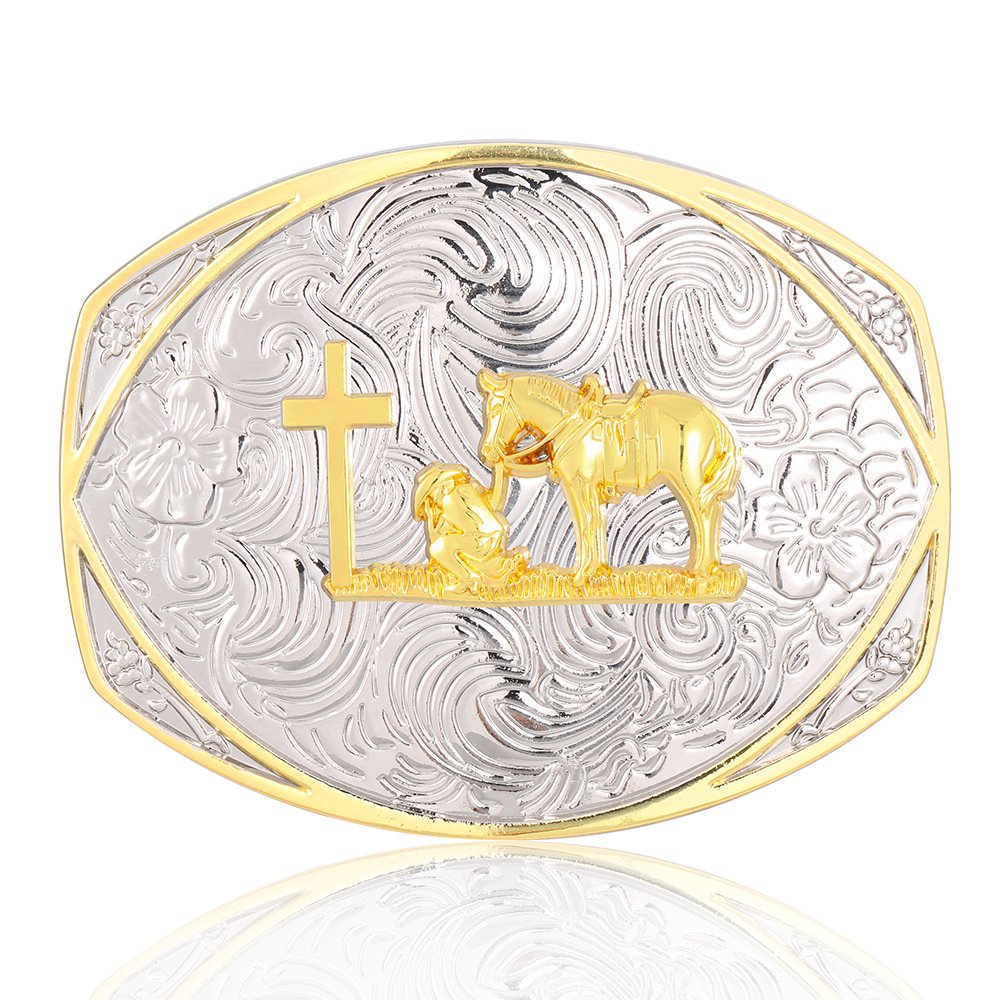 2024 fashion style Western cowboy Classic horse retro pattern woven cross manufacturers Custom LOGO belt buckle for men