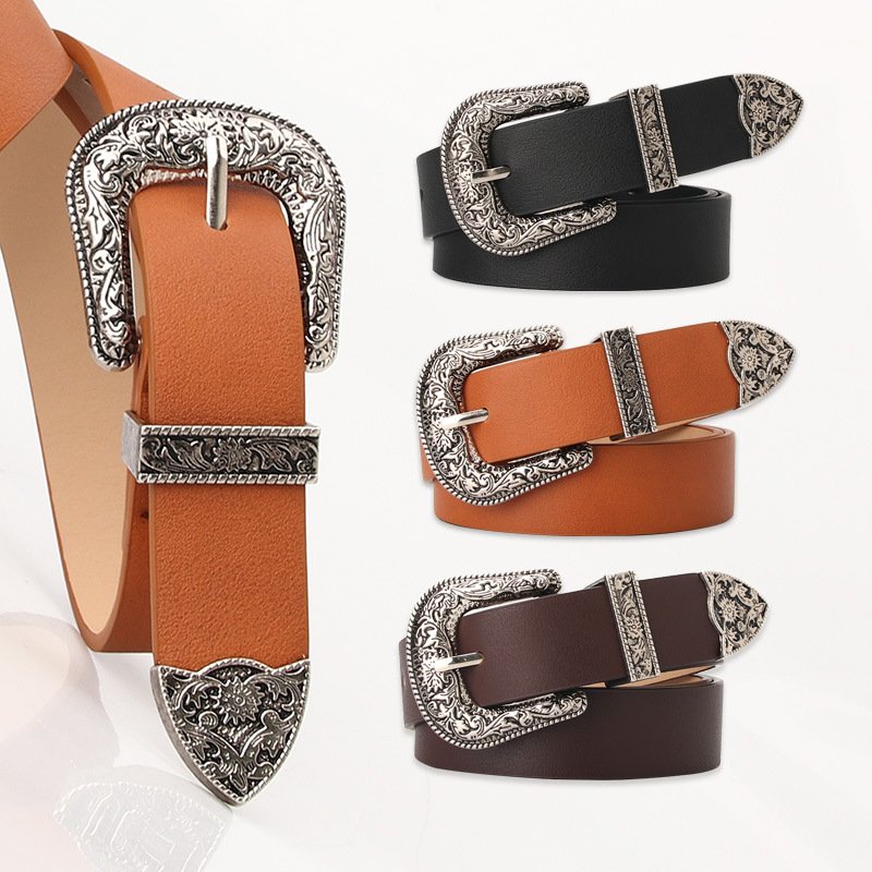 Wholesale Women's Versatile Fashion Carved Buckle Decorative Belts with rivet Elegant Vintage Western style