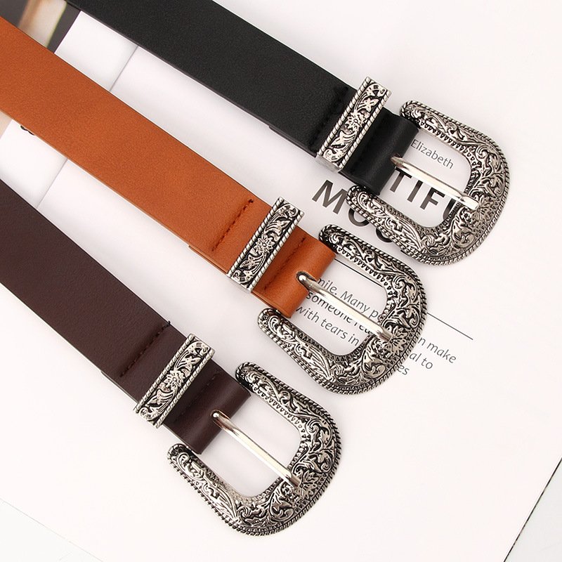 Wholesale Women's Versatile Fashion Carved Buckle Decorative Belts with rivet Elegant Vintage Western style