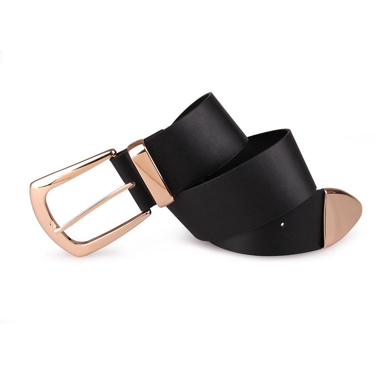 Wholesale Luxury Lady Belt Custom Length Genuine Cow Leather with Big U-Shape Gold Brass Buckle Copper Material Black Color
