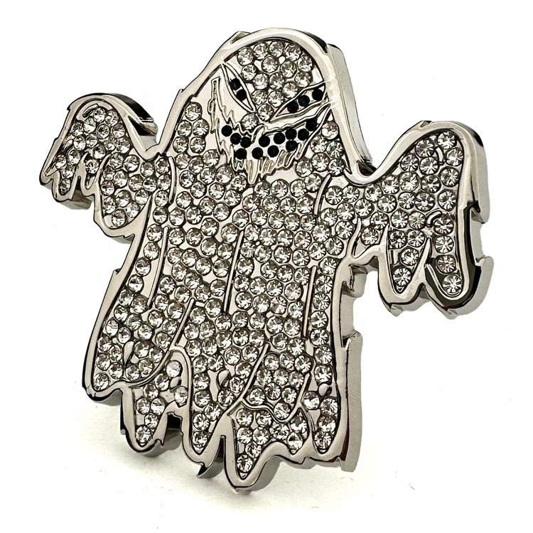 Ghost Shape Shiny Rhinestone Metal Belt Buckle Custom Brand Logo Silver Plating Metal 38mm Alloy Buckle for Man