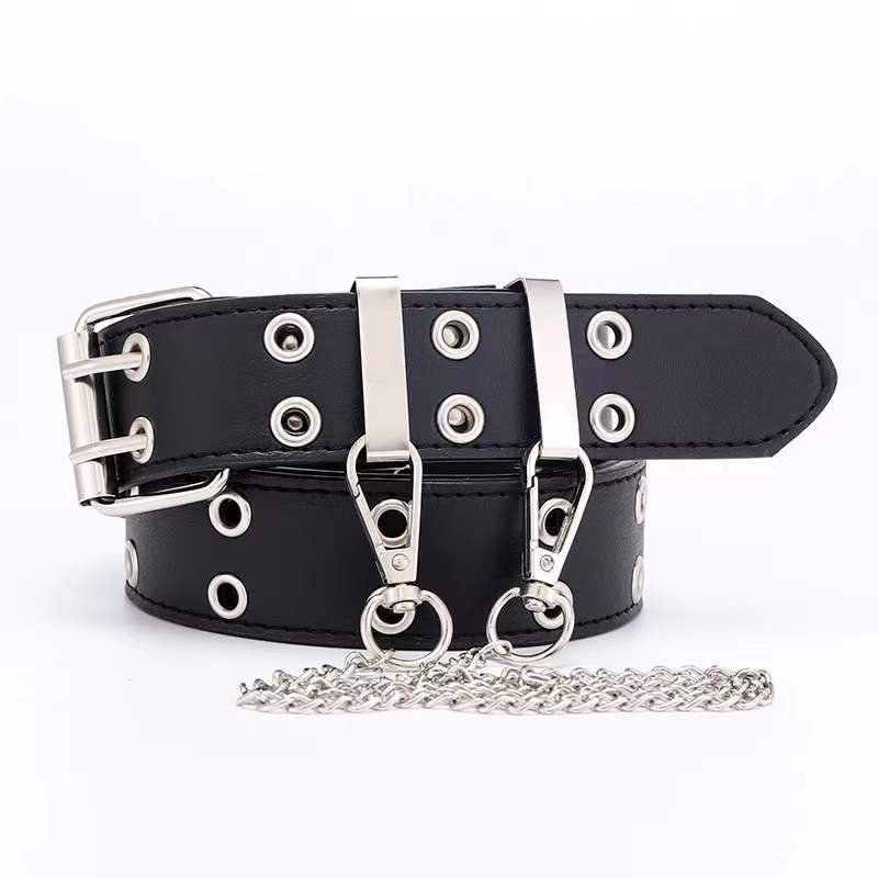 New Double Row Pin Buckle Punk Jeans Studded Belts Halloween Cosplay Western Wide PU Women's Waist Leather Belt