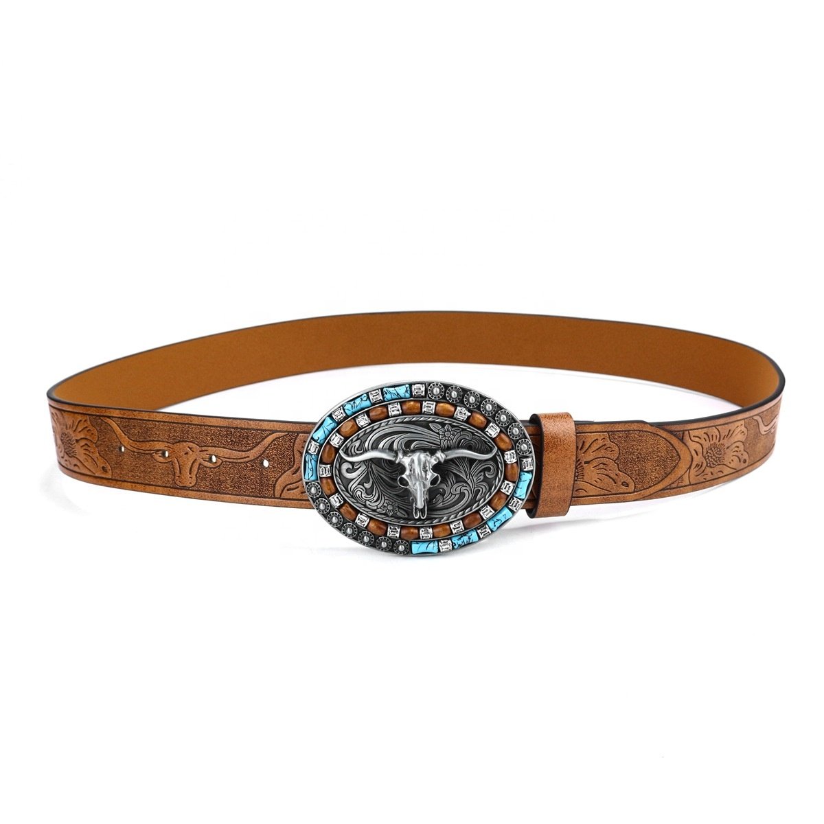 American Western Cowboy Belt Cowhead Alloy Plate Buckle Vintage Embossed Pattern PU Leather Belt for jeans