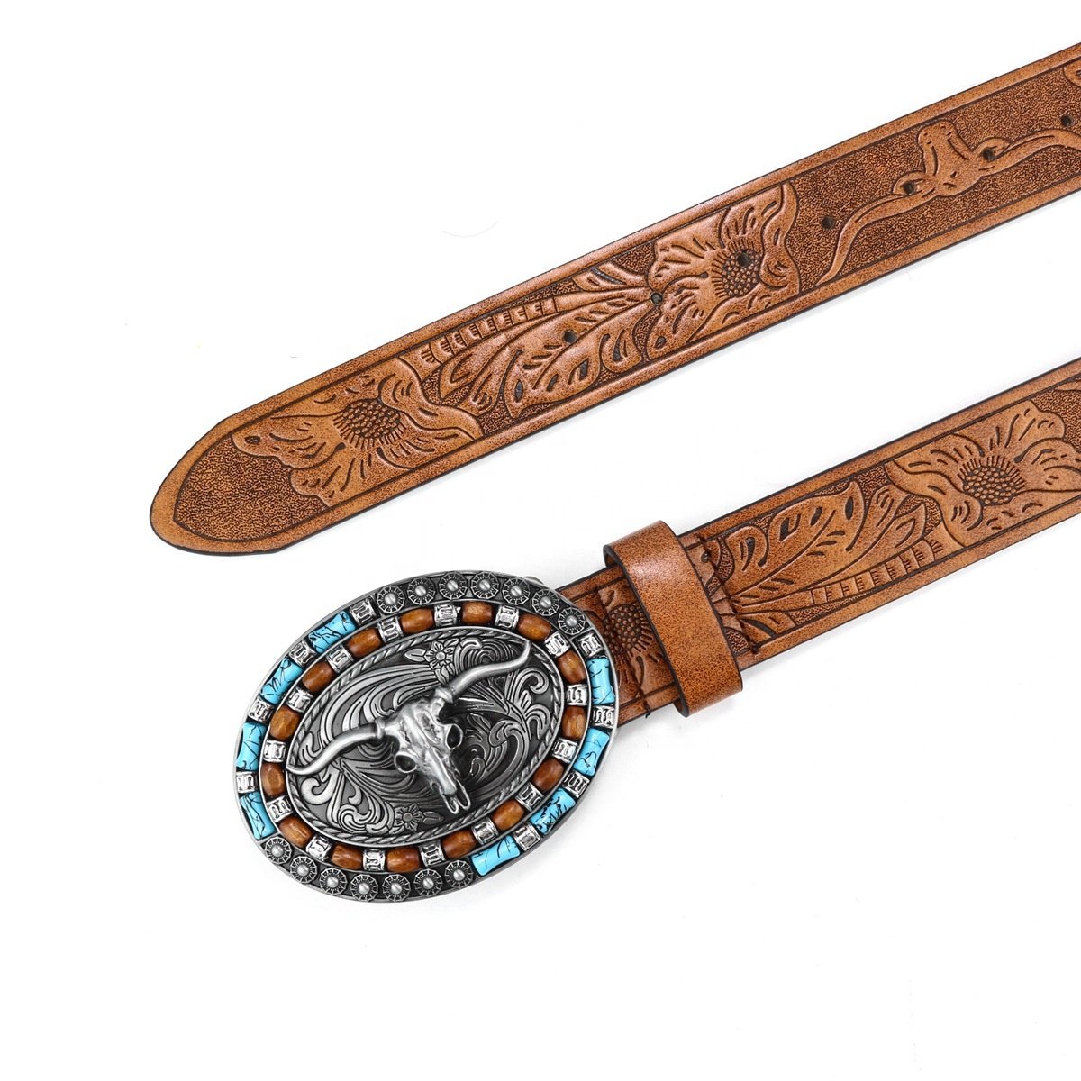 American Western Cowboy Belt Cowhead Alloy Plate Buckle Vintage Embossed Pattern PU Leather Belt for jeans