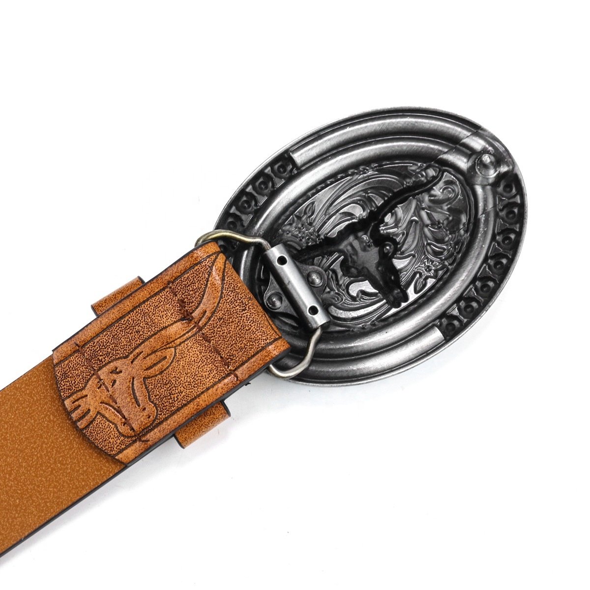 American Western Cowboy Belt Cowhead Alloy Plate Buckle Vintage Embossed Pattern PU Leather Belt for jeans
