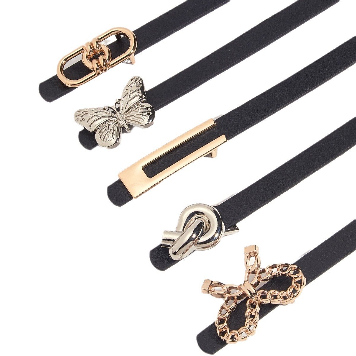 Ins Style Thin Black PU Leather Waist Belt For Decoration Different Design Buckles Ladies Belt 1.3CM