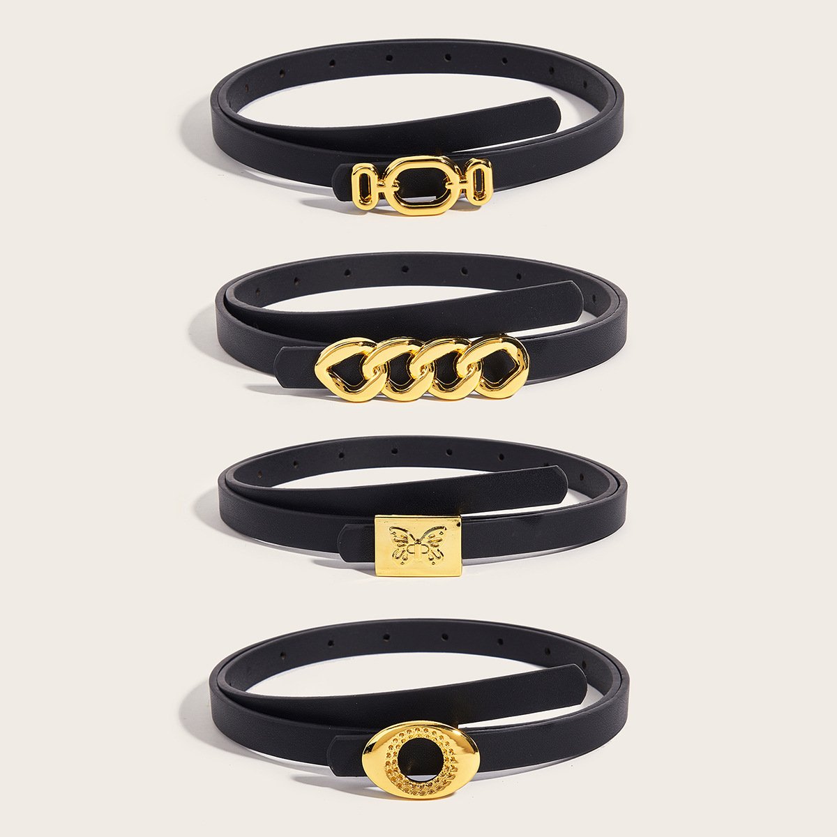 Ins Style Thin Black PU Leather Waist Belt For Decoration Different Design Buckles Ladies Belt 1.3CM