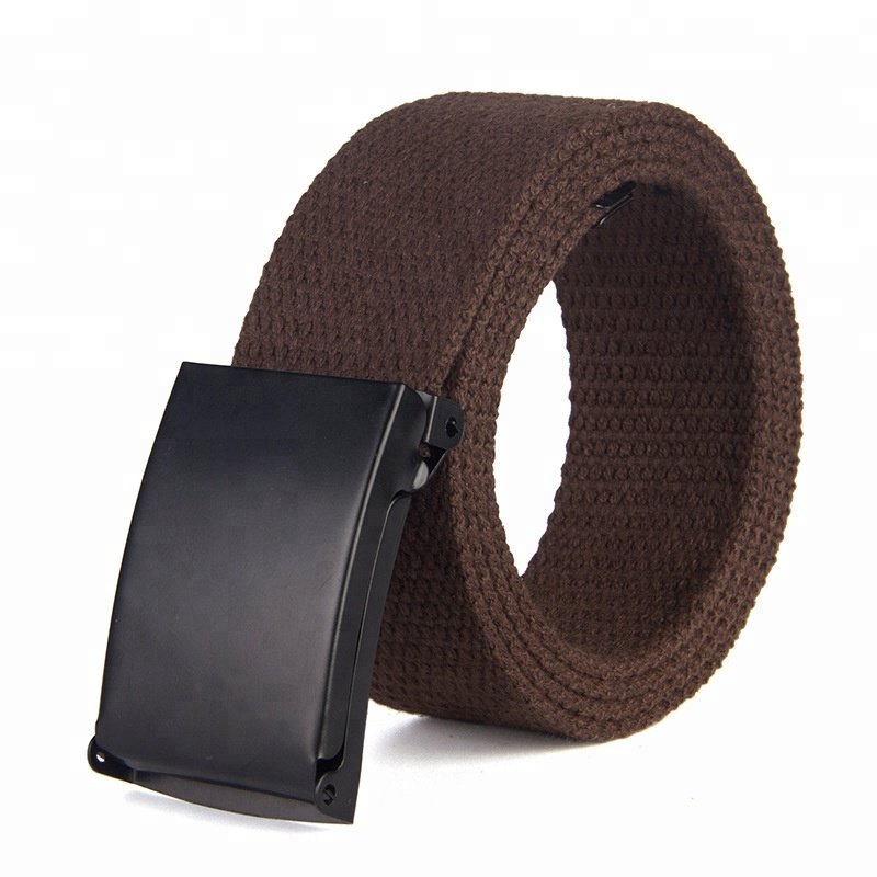 Solid Color Metal Buckle Polyester Fabric Webbing Strap Mens Woven Canvas Belt