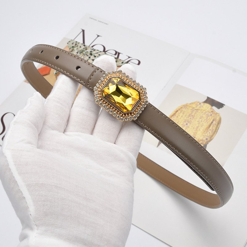 Luxury Big Yellow Gemstone Buckle Genuine Leather Female Diamond Waist Belt Decorative Dress