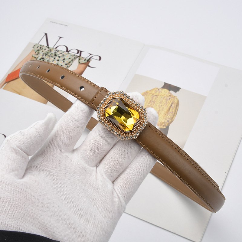 Luxury Big Yellow Gemstone Buckle Genuine Leather Female Diamond Waist Belt Decorative Dress