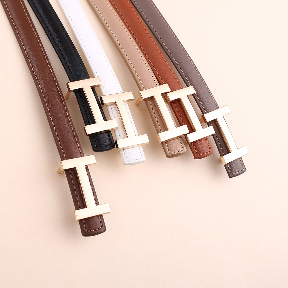 Simple Classic Cowhide Leather Waist Belt For Women Thin Gold Alloy Buckle Fashion Design Dress Belt