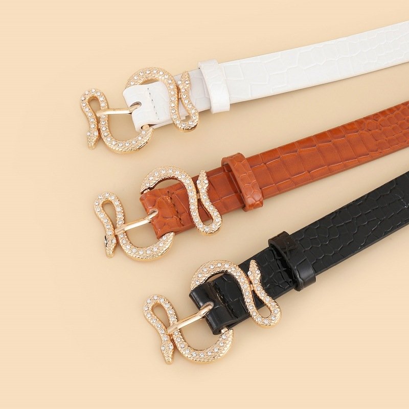Vintage Snake Buckle Fashion Waist Belt Women Jeans Stone Skinny PU Leather Belt