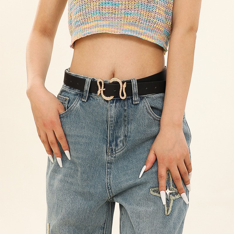Vintage Snake Buckle Fashion Waist Belt Women Jeans Stone Skinny PU Leather Belt