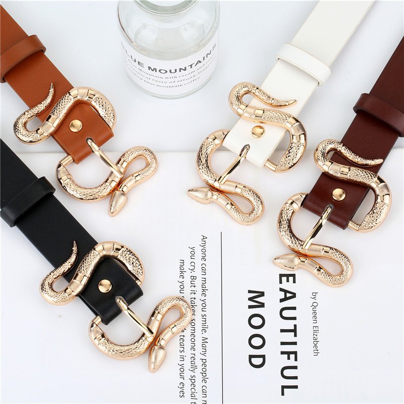 Vintage Snake Buckle Fashion Waist Belt Women Jeans Stone Skinny PU Leather Belt