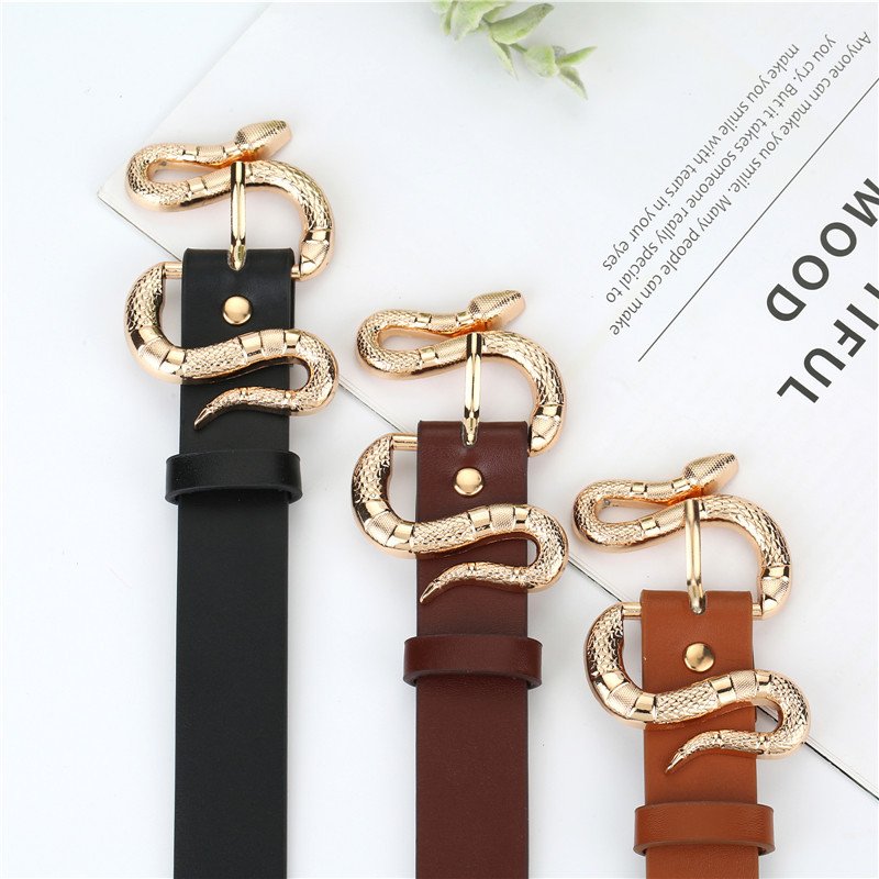Vintage Snake Buckle Fashion Waist Belt Women Jeans Stone Skinny PU Leather Belt